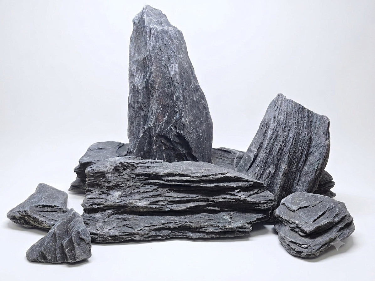 Large grey/black chunky slate aquarium, paludarium, terrarium and reptile hardscape stones